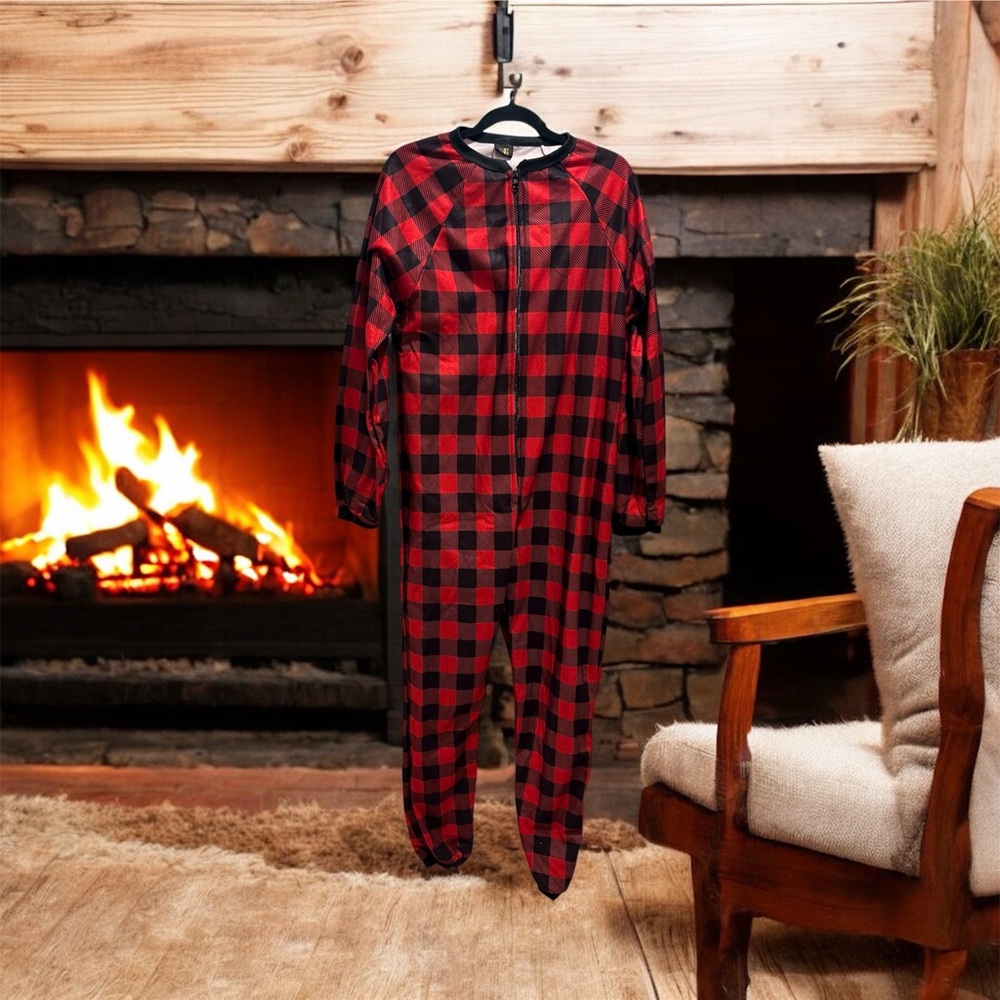 Just Love Red Black Buffalo Plaid Pajama Adult Onesie Zipper Flame Resistant XL